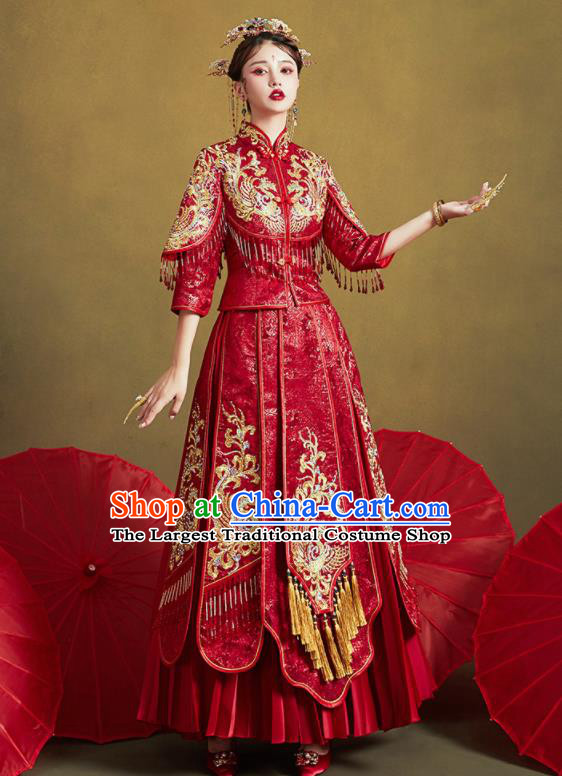 Chinese Traditional Wedding Bottom Drawer Embroidered Phoenix Blouse and Dress Xiu He Suit Ancient Bride Costumes for Women