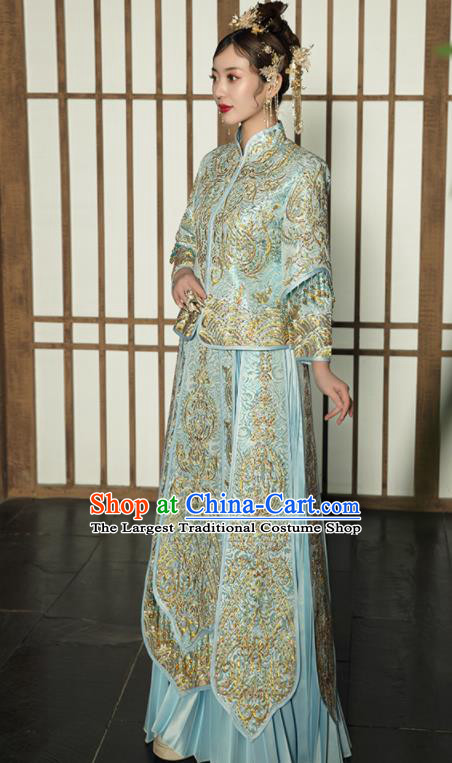 Chinese Traditional Blue Xiu He Suit Wedding Embroidered Blouse and Dress Bottom Drawer Ancient Bride Costumes for Women