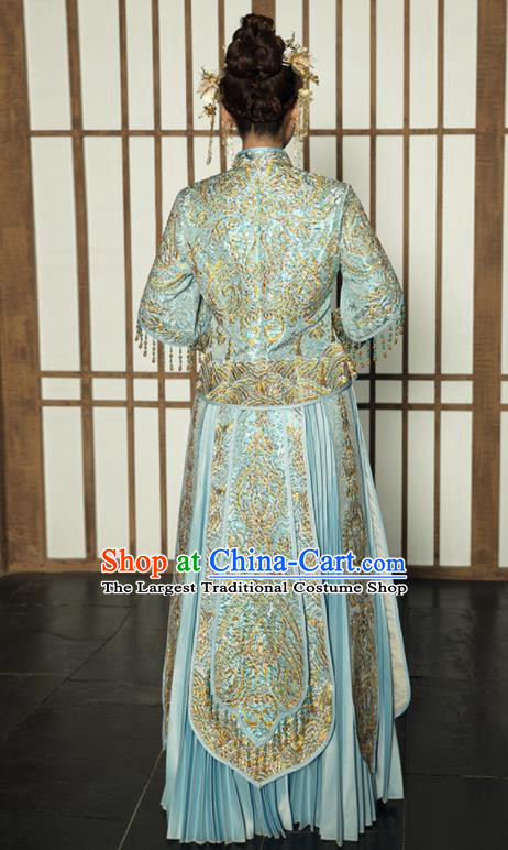 Chinese Traditional Blue Xiu He Suit Wedding Embroidered Blouse and Dress Bottom Drawer Ancient Bride Costumes for Women