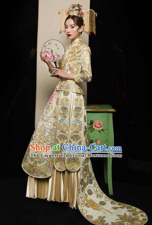 Chinese Traditional Xiu He Suit Wedding Embroidered Golden Blouse and Dress Bottom Drawer Ancient Bride Costumes for Women