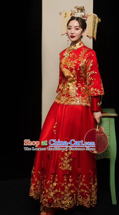 Chinese Traditional Xiu He Suit Wedding Embroidered Red Veil Blouse and Dress Bottom Drawer Ancient Bride Costumes for Women