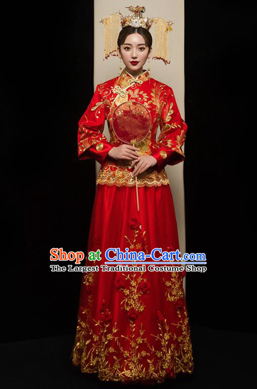 Chinese Traditional Xiu He Suit Wedding Embroidered Red Veil Blouse and Dress Bottom Drawer Ancient Bride Costumes for Women