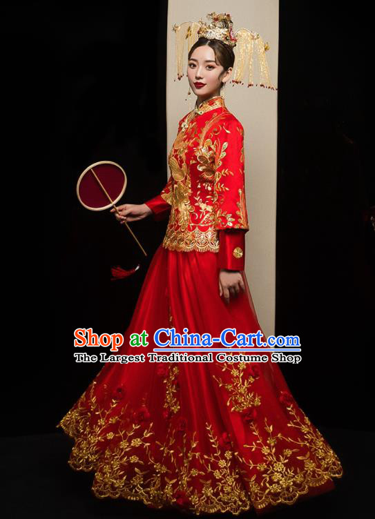 Chinese Traditional Xiu He Suit Wedding Embroidered Red Veil Blouse and Dress Bottom Drawer Ancient Bride Costumes for Women