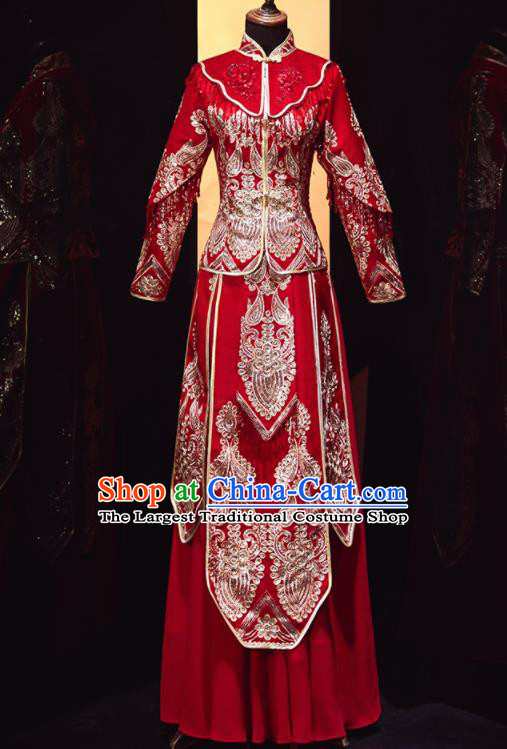 Chinese Traditional Xiu He Suit Wedding Embroidered Red Blouse and Dress Bottom Drawer Ancient Bride Costumes for Women