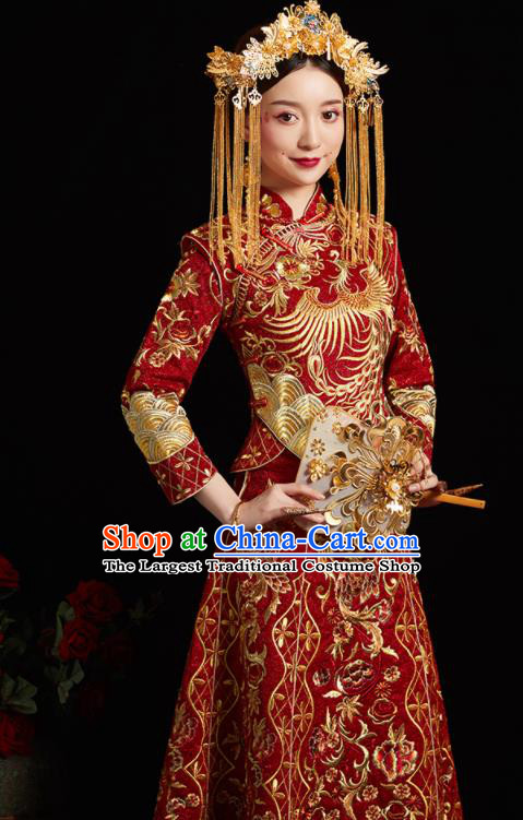 Chinese Traditional Xiu He Suit Wedding Embroidered Phoenix Red Blouse and Dress Bottom Drawer Ancient Bride Costumes for Women