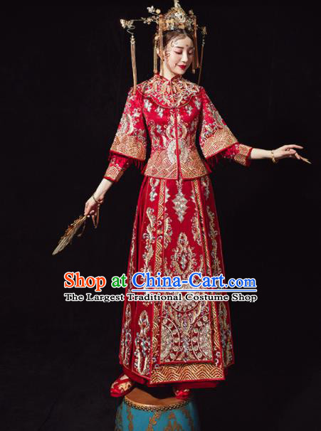 Chinese Traditional Drilling Xiu He Suit Wedding Embroidered Red Blouse and Dress Bottom Drawer Ancient Bride Costumes for Women