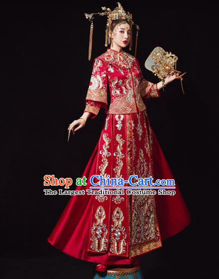 Chinese Traditional Drilling Xiu He Suit Wedding Embroidered Red Blouse and Dress Bottom Drawer Ancient Bride Costumes for Women