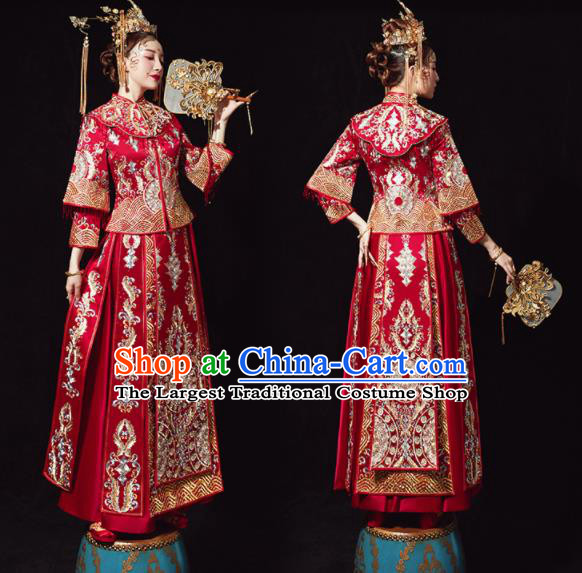 Chinese Traditional Drilling Xiu He Suit Wedding Embroidered Red Blouse and Dress Bottom Drawer Ancient Bride Costumes for Women