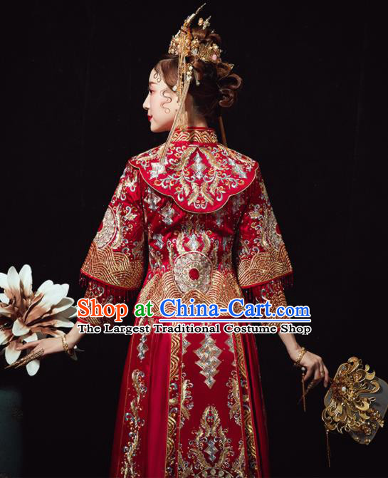 Chinese Traditional Drilling Xiu He Suit Wedding Embroidered Red Blouse and Dress Bottom Drawer Ancient Bride Costumes for Women