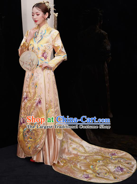Chinese Traditional Xiu He Suit Wedding Embroidered Phoenix Champagne Blouse and Dress Bottom Drawer Ancient Bride Costumes for Women