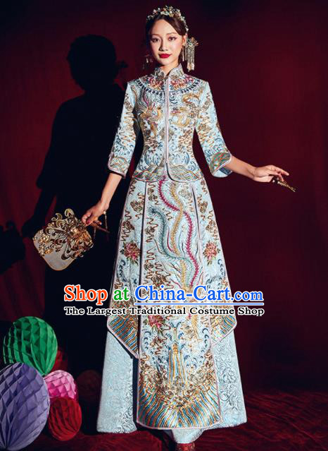Chinese Traditional Bride Embroidered Phoenix Xiu He Suit Wedding Blue Blouse and Dress Bottom Drawer Ancient Costumes for Women