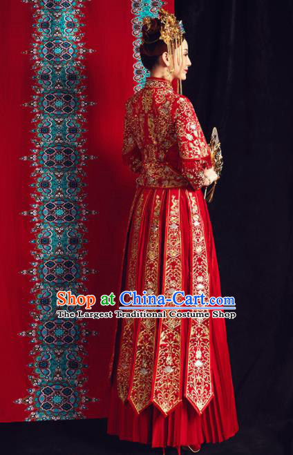 Chinese Traditional Bride Embroidered Xiu He Suit Wedding Red Blouse and Dress Bottom Drawer Ancient Costumes for Women