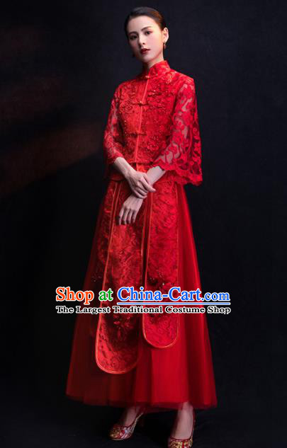 Chinese Traditional Bride Embroidered Veil Xiu He Suit Wedding Red Blouse and Dress Bottom Drawer Ancient Costumes for Women