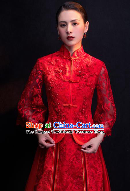 Chinese Traditional Bride Embroidered Veil Xiu He Suit Wedding Red Blouse and Dress Bottom Drawer Ancient Costumes for Women