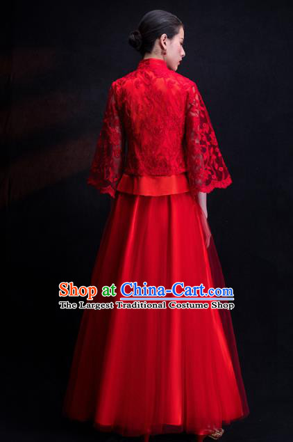 Chinese Traditional Bride Embroidered Veil Xiu He Suit Wedding Red Blouse and Dress Bottom Drawer Ancient Costumes for Women