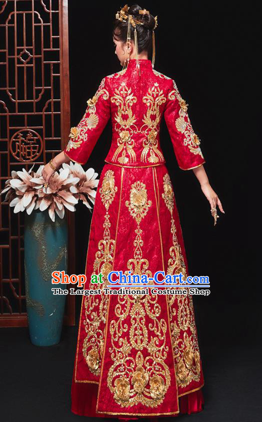 Chinese Traditional Bride Embroidered Flowers Red Xiu He Suit Wedding Blouse and Dress Bottom Drawer Ancient Costumes for Women