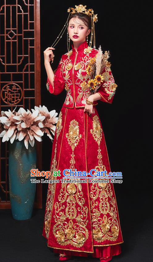 Chinese Traditional Bride Embroidered Flowers Red Xiu He Suit Wedding Blouse and Dress Bottom Drawer Ancient Costumes for Women