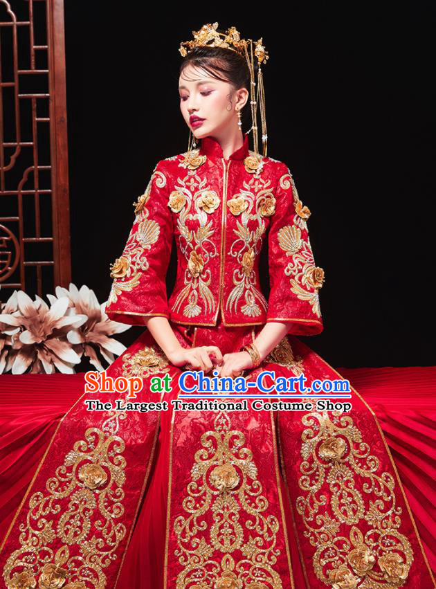 Chinese Traditional Bride Embroidered Flowers Red Xiu He Suit Wedding Blouse and Dress Bottom Drawer Ancient Costumes for Women