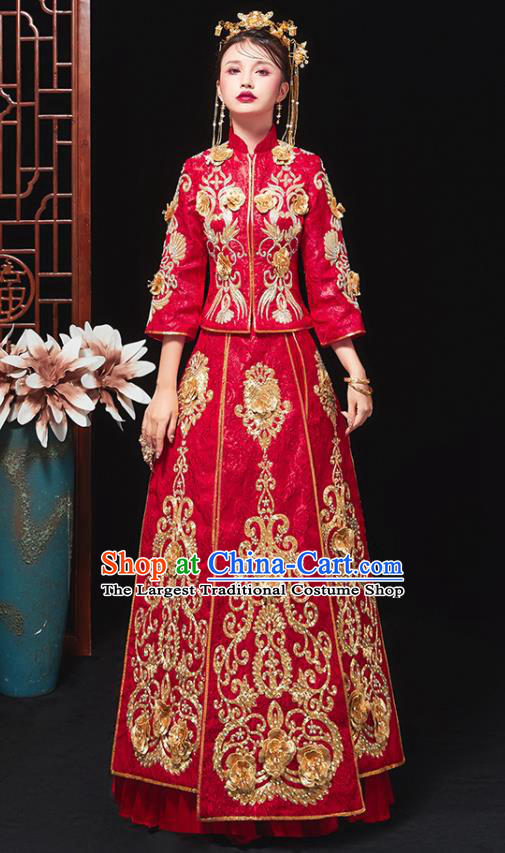 Chinese Traditional Bride Embroidered Flowers Red Xiu He Suit Wedding Blouse and Dress Bottom Drawer Ancient Costumes for Women