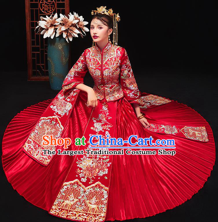 Chinese Traditional Bride Embroidered Drilling Peony Red Xiu He Suit Wedding Blouse and Dress Bottom Drawer Ancient Costumes for Women