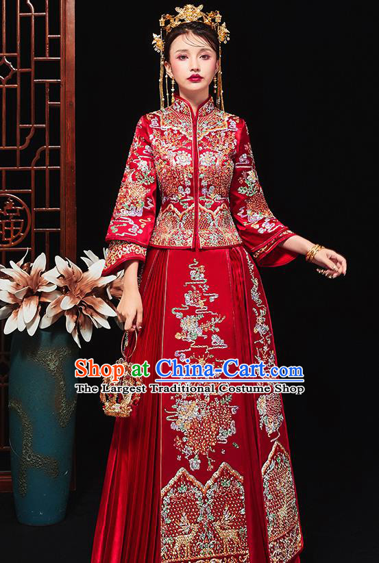 Chinese Traditional Bride Embroidered Drilling Peony Red Xiu He Suit Wedding Blouse and Dress Bottom Drawer Ancient Costumes for Women