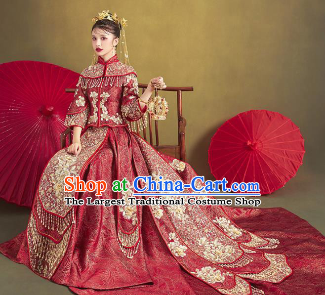 Chinese Traditional Bride Embroidered Wine Red Trailing Xiu He Suit Wedding Blouse and Dress Bottom Drawer Ancient Costumes for Women