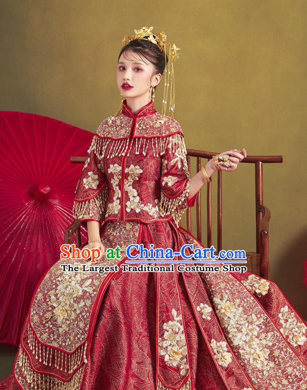 Chinese Traditional Bride Embroidered Wine Red Trailing Xiu He Suit Wedding Blouse and Dress Bottom Drawer Ancient Costumes for Women