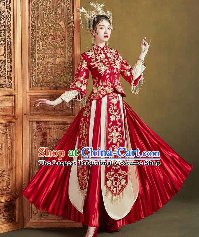 Chinese Traditional Bride Embroidered Flowers Red Xiu He Suit Wedding Blouse and Dress Bottom Drawer Ancient Costumes for Women