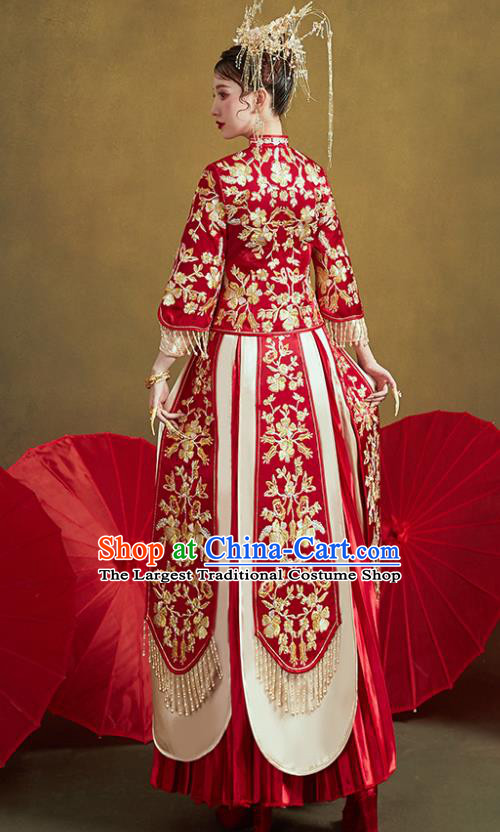 Chinese Traditional Bride Embroidered Flowers Red Xiu He Suit Wedding Blouse and Dress Bottom Drawer Ancient Costumes for Women