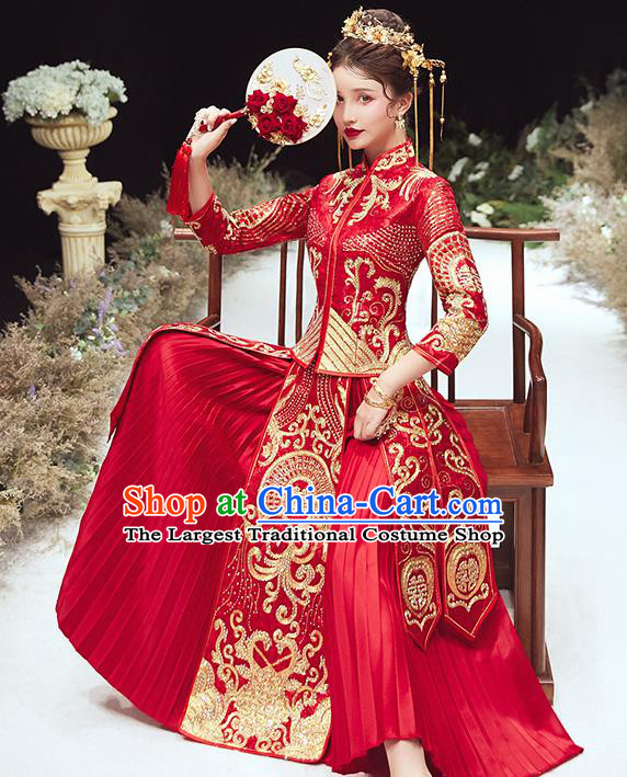 Chinese Traditional Bride Embroidered Red Xiu He Suit Wedding Blouse and Dress Bottom Drawer Ancient Costumes for Women