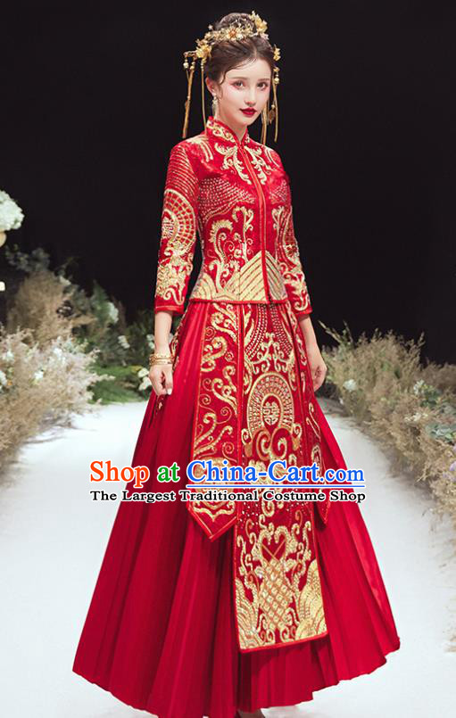 Chinese Traditional Bride Embroidered Red Xiu He Suit Wedding Blouse and Dress Bottom Drawer Ancient Costumes for Women