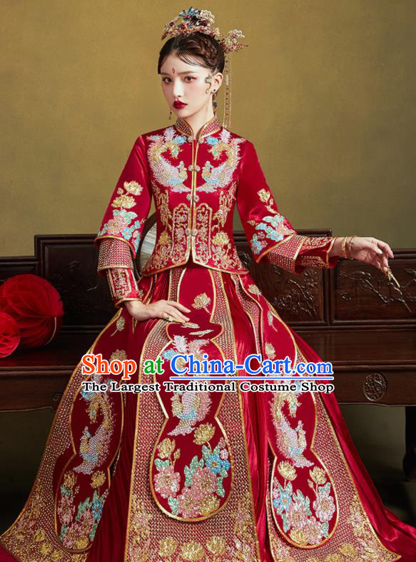 Chinese Traditional Wedding Drilling Bottom Drawer Embroidered Phoenix Peony Blouse and Dress Xiu He Suit Ancient Bride Costumes for Women