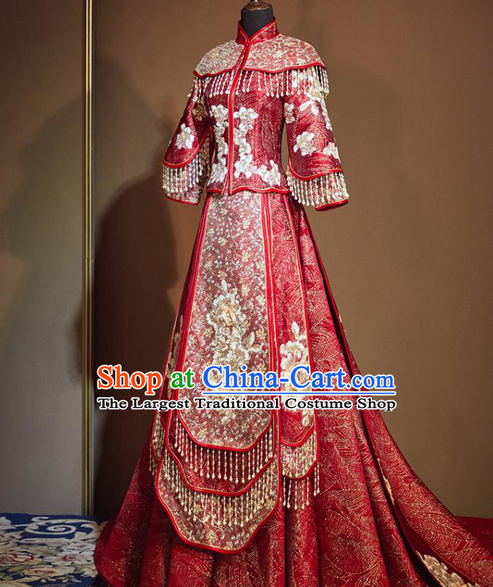 Chinese Traditional Bride Embroidered Red Trailing Xiu He Suit Wedding Blouse and Dress Bottom Drawer Ancient Costumes for Women