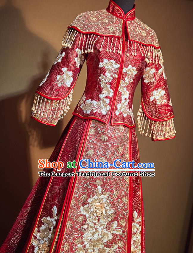Chinese Traditional Bride Embroidered Red Trailing Xiu He Suit Wedding Blouse and Dress Bottom Drawer Ancient Costumes for Women