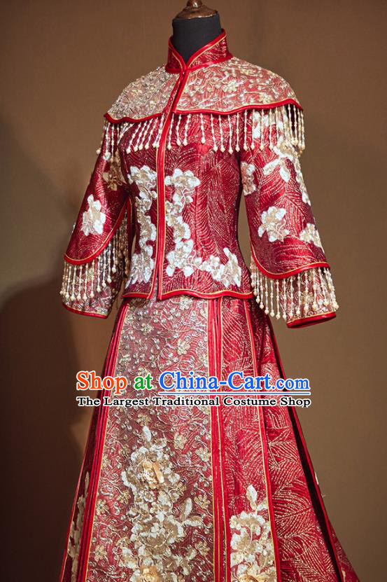 Chinese Traditional Bride Embroidered Red Trailing Xiu He Suit Wedding Blouse and Dress Bottom Drawer Ancient Costumes for Women