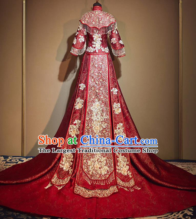 Chinese Traditional Bride Embroidered Red Trailing Xiu He Suit Wedding Blouse and Dress Bottom Drawer Ancient Costumes for Women