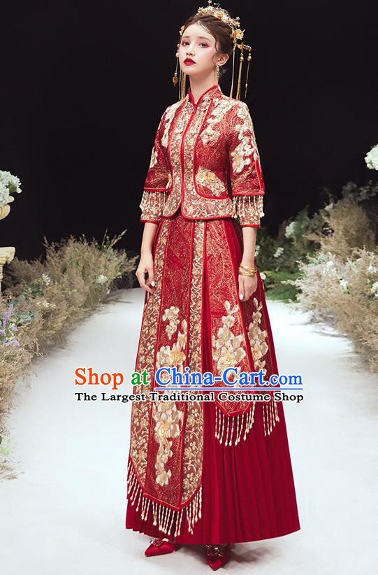 Chinese Traditional Bride Embroidered Xiu He Suit Wedding Blouse and Dress Bottom Drawer Ancient Costumes for Women