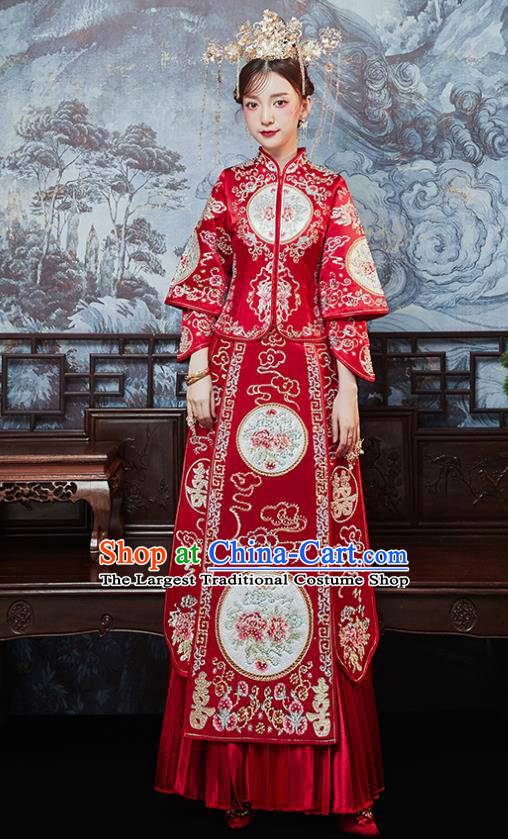 Chinese Traditional Bride Embroidered Drilling Peony Xiu He Suit Wedding Blouse and Dress Bottom Drawer Ancient Costumes for Women