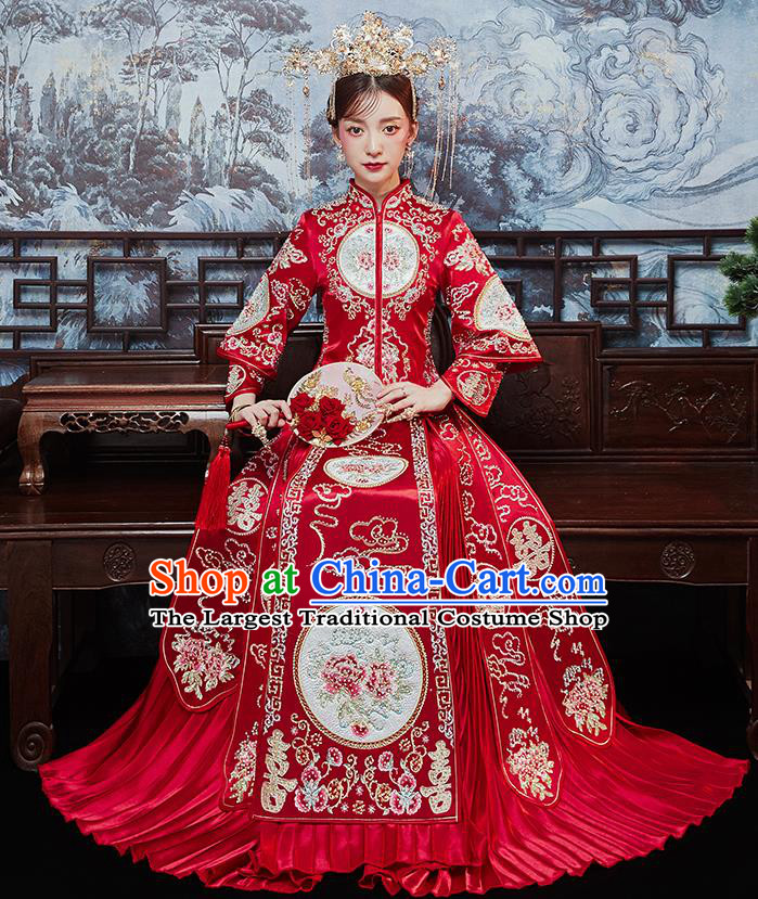 Chinese Traditional Bride Embroidered Drilling Peony Xiu He Suit Wedding Blouse and Dress Bottom Drawer Ancient Costumes for Women