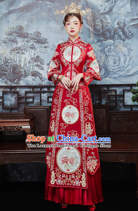 Chinese Traditional Bride Embroidered Drilling Peony Xiu He Suit Wedding Blouse and Dress Bottom Drawer Ancient Costumes for Women