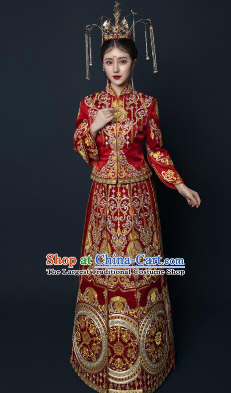 Chinese Traditional Xiu He Suit Wedding Embroidered Red Blouse and Dress Bottom Drawer Ancient Bride Costumes for Women