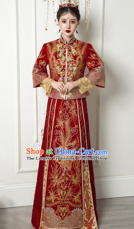 Chinese Traditional Xiu He Suit Wedding Embroidered Phoenix Red Blouse and Dress Bottom Drawer Ancient Bride Costumes for Women