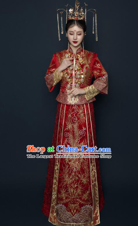 Chinese Traditional Xiu He Suit Wedding Embroidered Phoenix Red Blouse and Dress Bottom Drawer Ancient Bride Costumes for Women