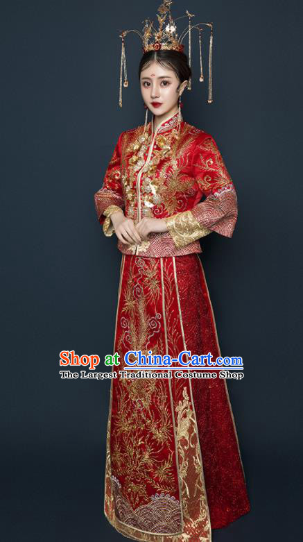 Chinese Traditional Xiu He Suit Wedding Embroidered Phoenix Red Blouse and Dress Bottom Drawer Ancient Bride Costumes for Women