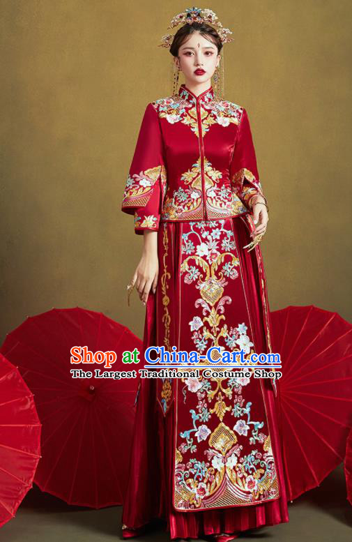 Chinese Traditional Wedding Bottom Drawer Embroidered Flowers Blouse and Dress Xiu He Suit Ancient Bride Costumes for Women
