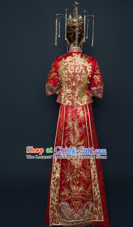 Chinese Traditional Xiu He Suit Wedding Embroidered Phoenix Red Blouse and Dress Bottom Drawer Ancient Bride Costumes for Women