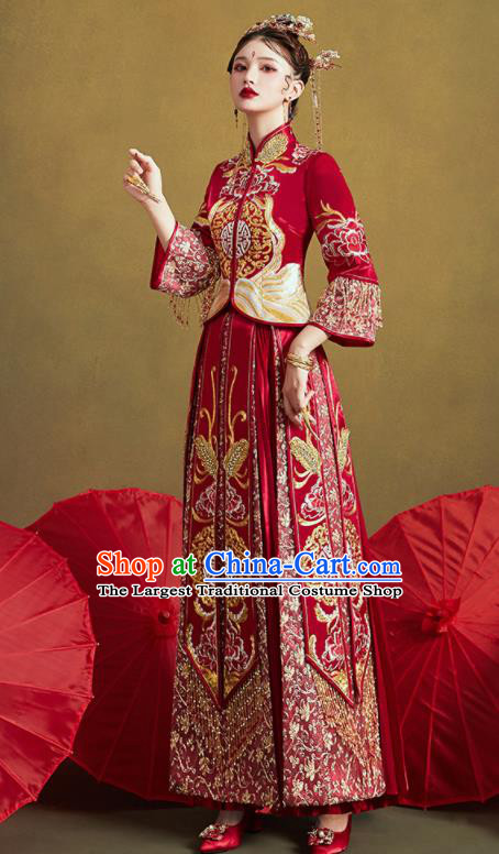 Chinese Traditional Wedding Bottom Drawer Embroidered Butterfly Peony Blouse and Dress Xiu He Suit Ancient Bride Costumes for Women