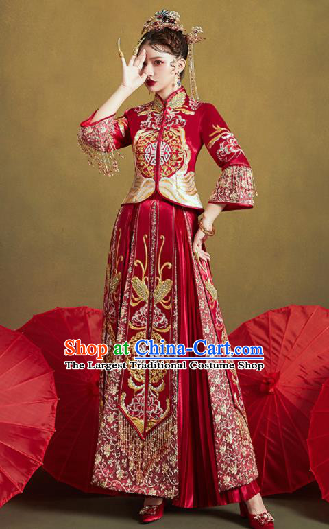 Chinese Traditional Wedding Bottom Drawer Embroidered Butterfly Peony Blouse and Dress Xiu He Suit Ancient Bride Costumes for Women