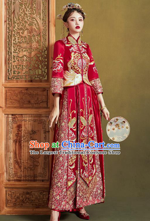 Chinese Traditional Wedding Bottom Drawer Embroidered Butterfly Peony Blouse and Dress Xiu He Suit Ancient Bride Costumes for Women