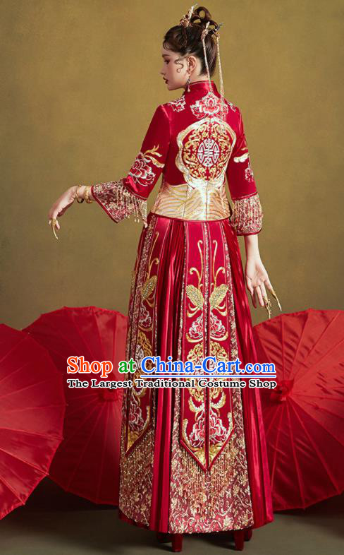 Chinese Traditional Wedding Bottom Drawer Embroidered Butterfly Peony Blouse and Dress Xiu He Suit Ancient Bride Costumes for Women